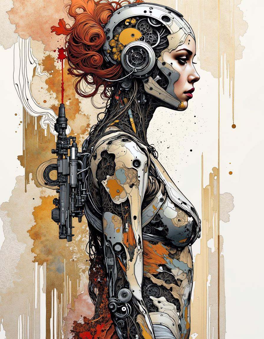 This is a digital artwork created in a mixed media style,  blending elements of watercolor and ink.The Sexualized Cyborg,...