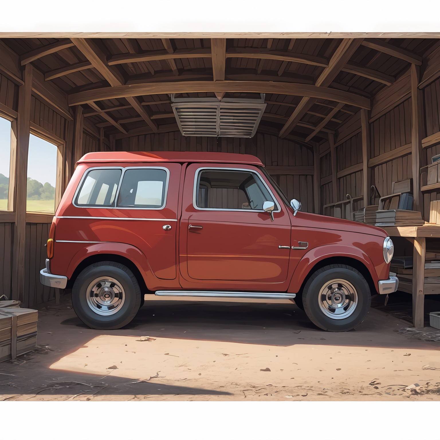 a van with books drives into a farm,  blurfoto over the whole picture except a van,  photorealistic drawing on Tensor.Art
