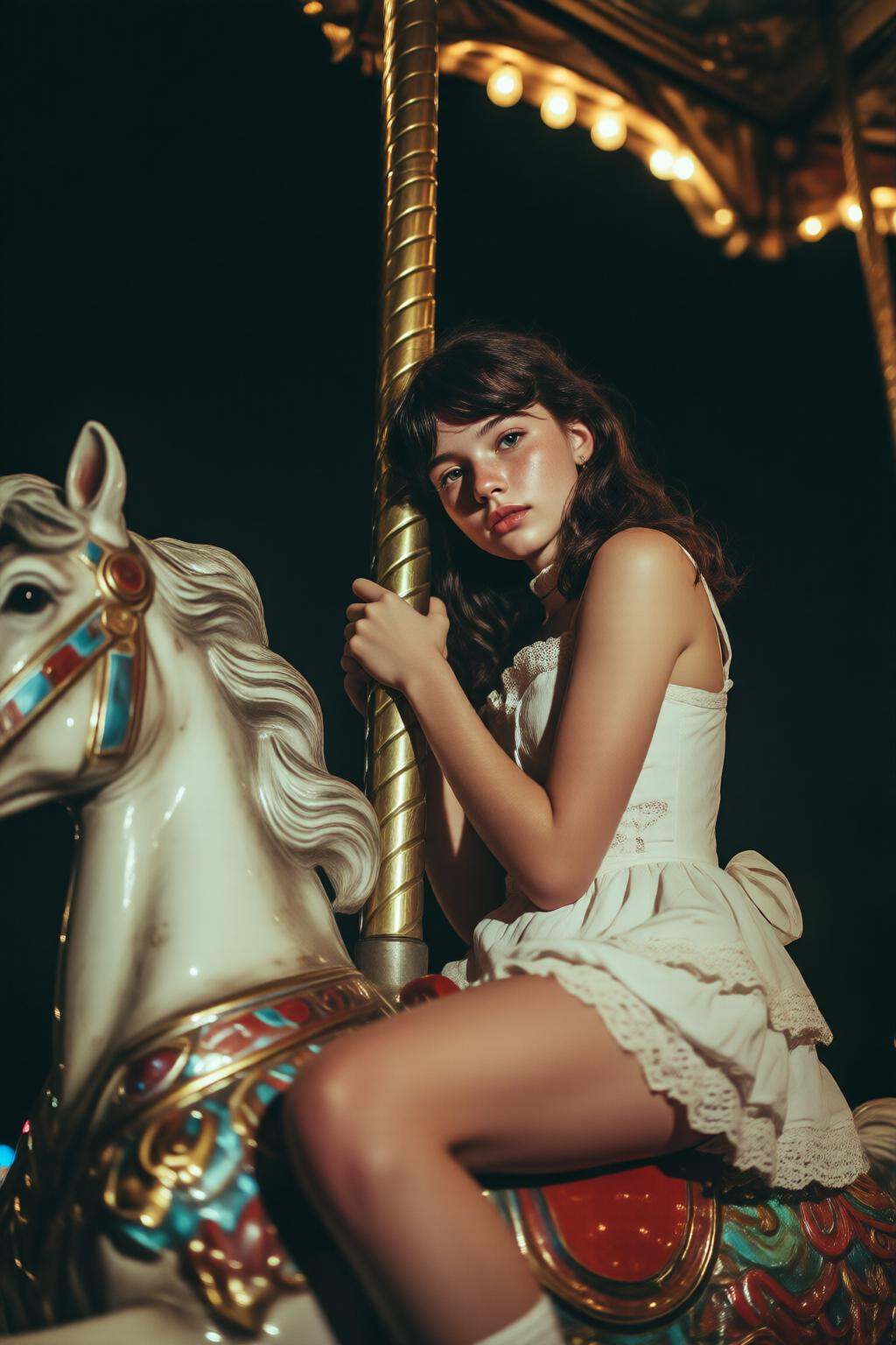 midjourneymix10q photograph.A low-angle shot of a teenager,  shown in side profile,  sitting on a carousel horse at night....