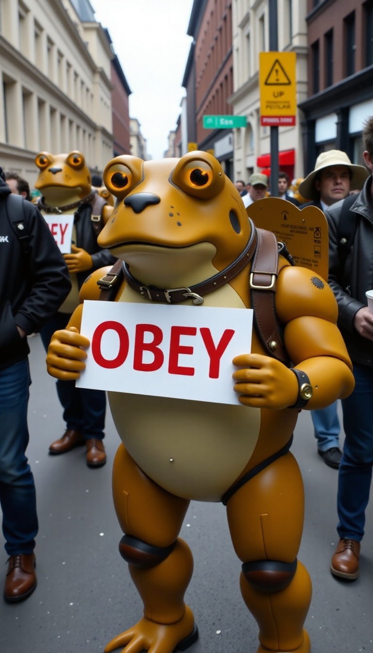 PHOTO OF HUNDREDS OF HYPNOTOAD CLONES PROTESTING WITH SIGNS THAT SAY "OBEY" on Tensor.Art