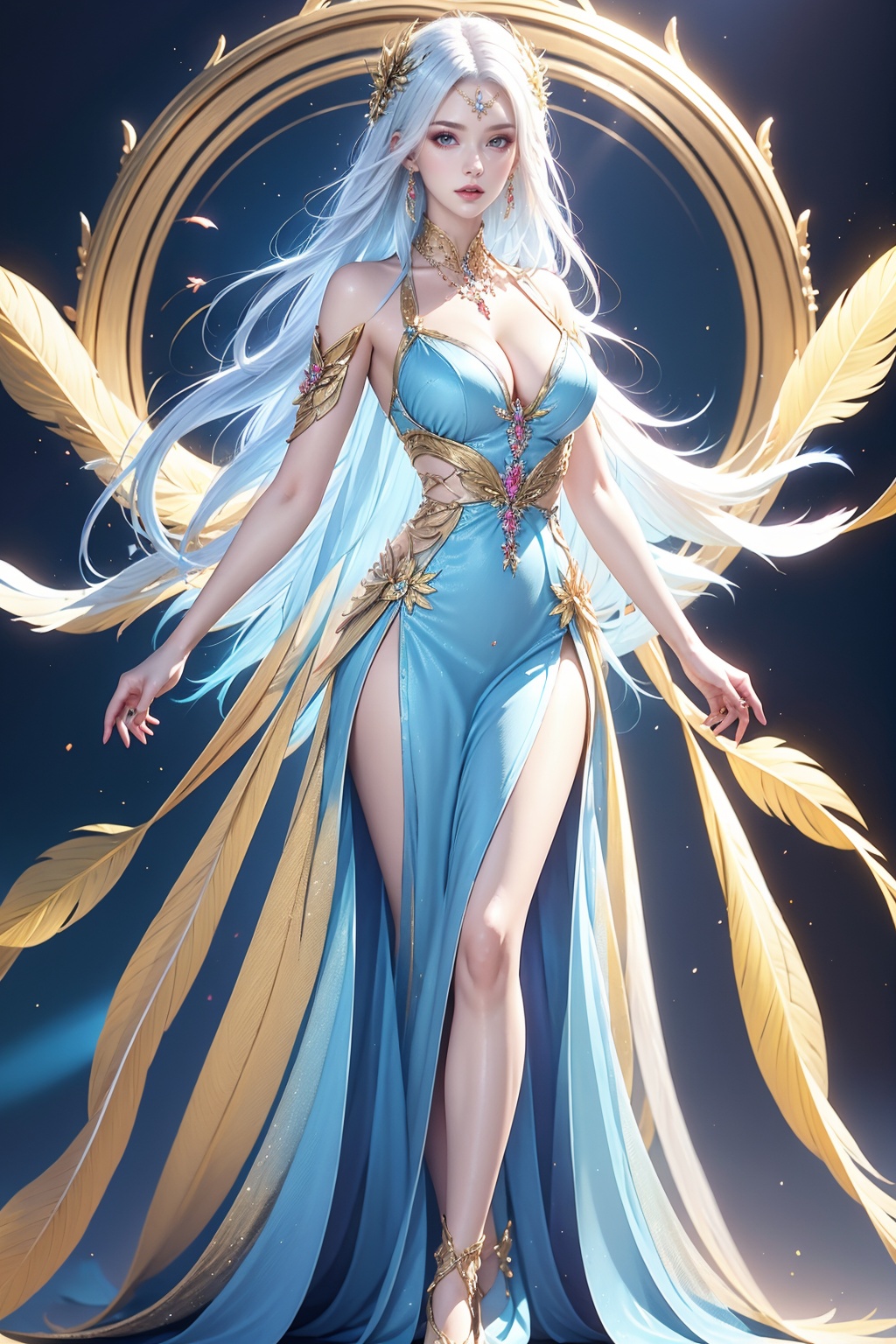 1girl, solo, long hair, jewelry, necklace, breasts, dress, parted lips, looking at viewer, feathers, cleavage, dress, pale skin, white hair, full body, simple background,<lora:AgainHandFix_v1:0.1>