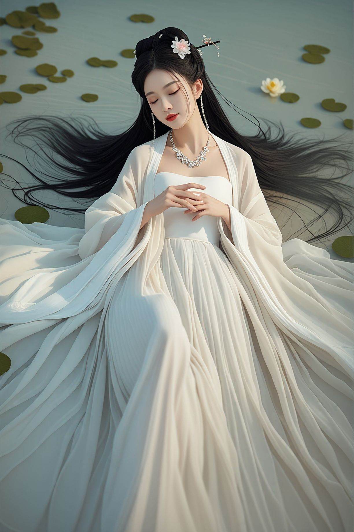 score_9,score_8_up,score_7_up,score_6_up,score_5_up,score_4_up,hanfu,wide sleeves,long sleeves,sleeves past fingers,see-through,hair stick,hair ornament,1girl,black hair,closed eyes,long hair,solo,necklace,dress,jewelry,flower,white dress,red lips,lying,on back,hair ornament,realistic,water,