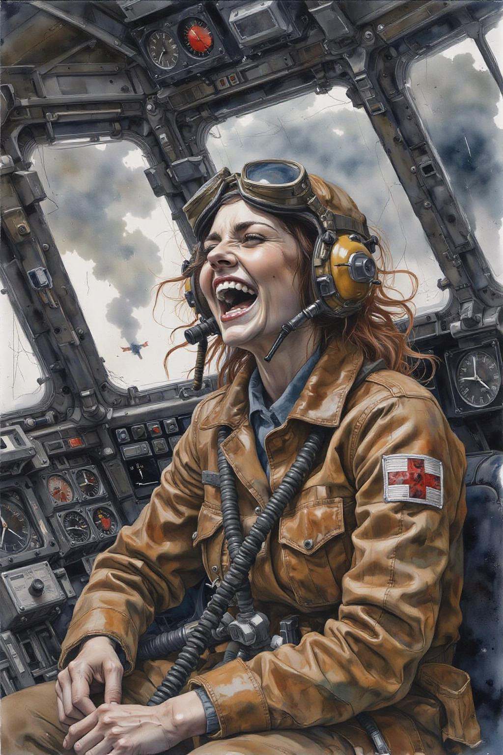 yawc1 watercolor.a female pilot screaming inside the cockpit of a WWII bomber. The pilot,  wearing a vintage leather fligh...