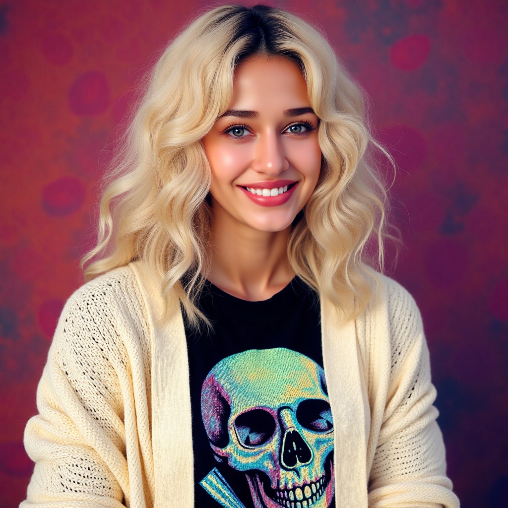 DishaPataniFlux,  19 year old female dressed in an oversized cream cardigan and a black skull shirt. Her platinum blonde h...