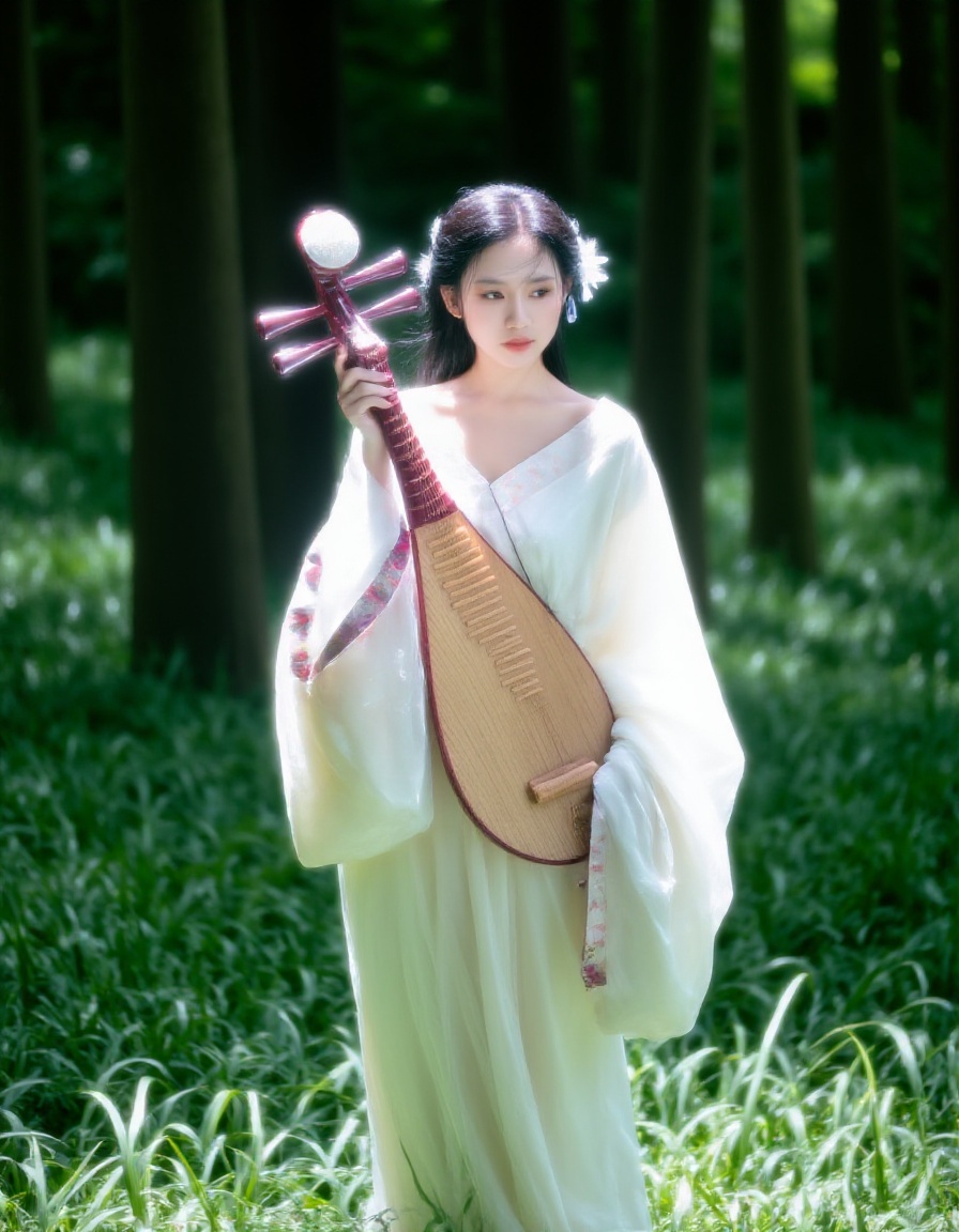 A young Asian woman wearing white Hanfu,holding a Chinese guqin in her right hand. Her hair was combed into waves,and she wore a white flower on her head,adding a touch of color to her outfit. The instrument she was holding was made of light brown wood,and she stood in a tall green grass with trees in the background.,<lora:lora.rouguang.6:1>,