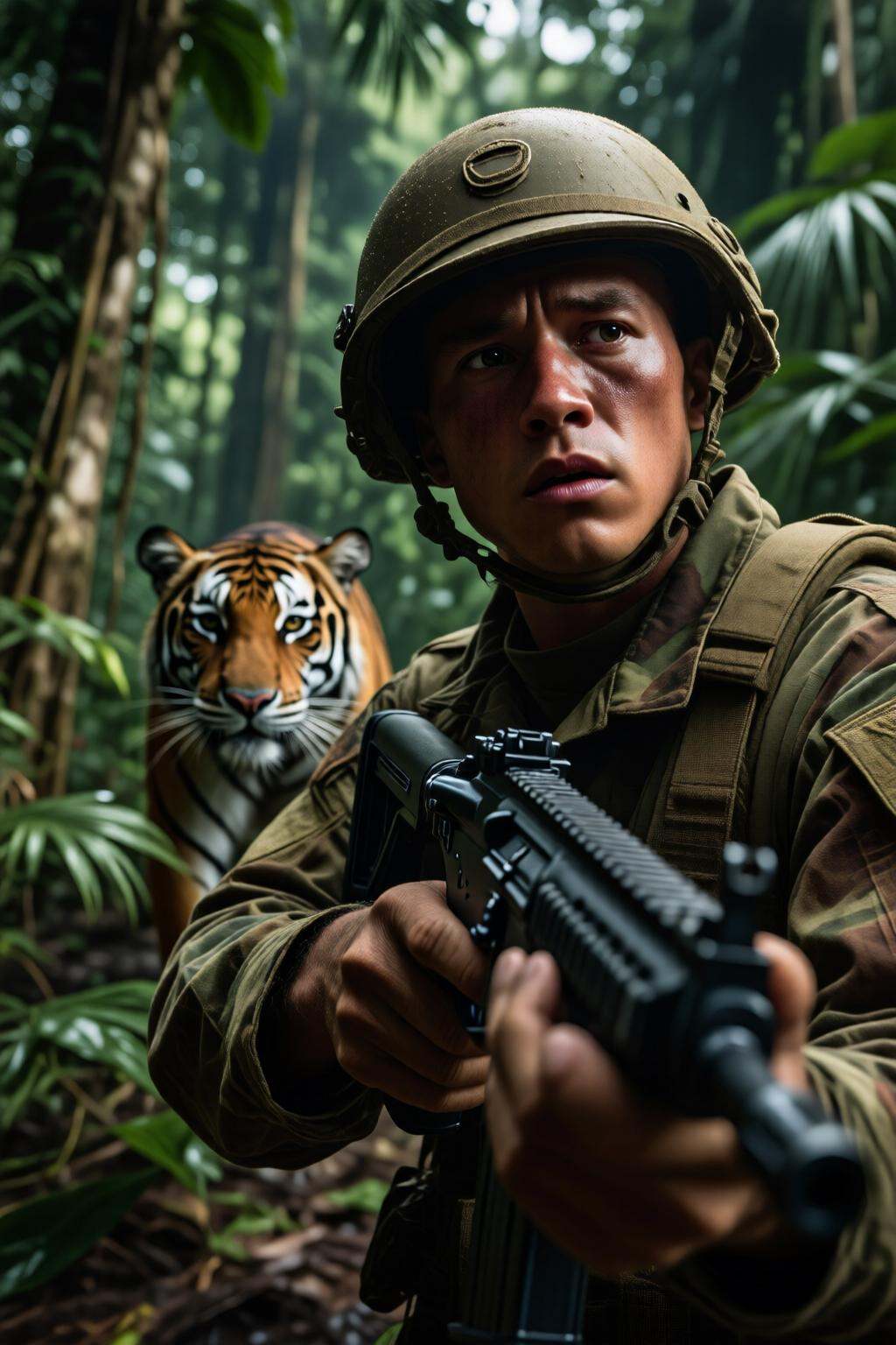 midjourneylowangle11q Low angle shot. Close-up face of an American Marine in Vietnam,  featuring a dense,  lush environmen...