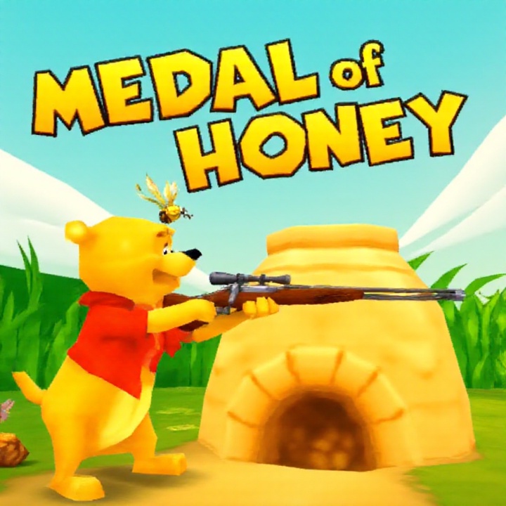 ps1style,  title screen for a world war 2 themed game with the title "Medal of Honey". Winnie the Pooh is holding a rifle...