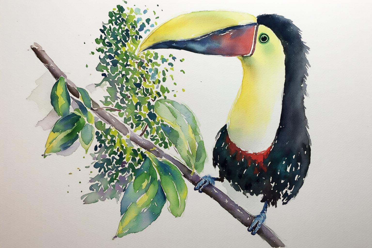 watercolorbasic2q watercolor painting. A toucan perched on a branch with its head turned to the left. on Tensor.Art