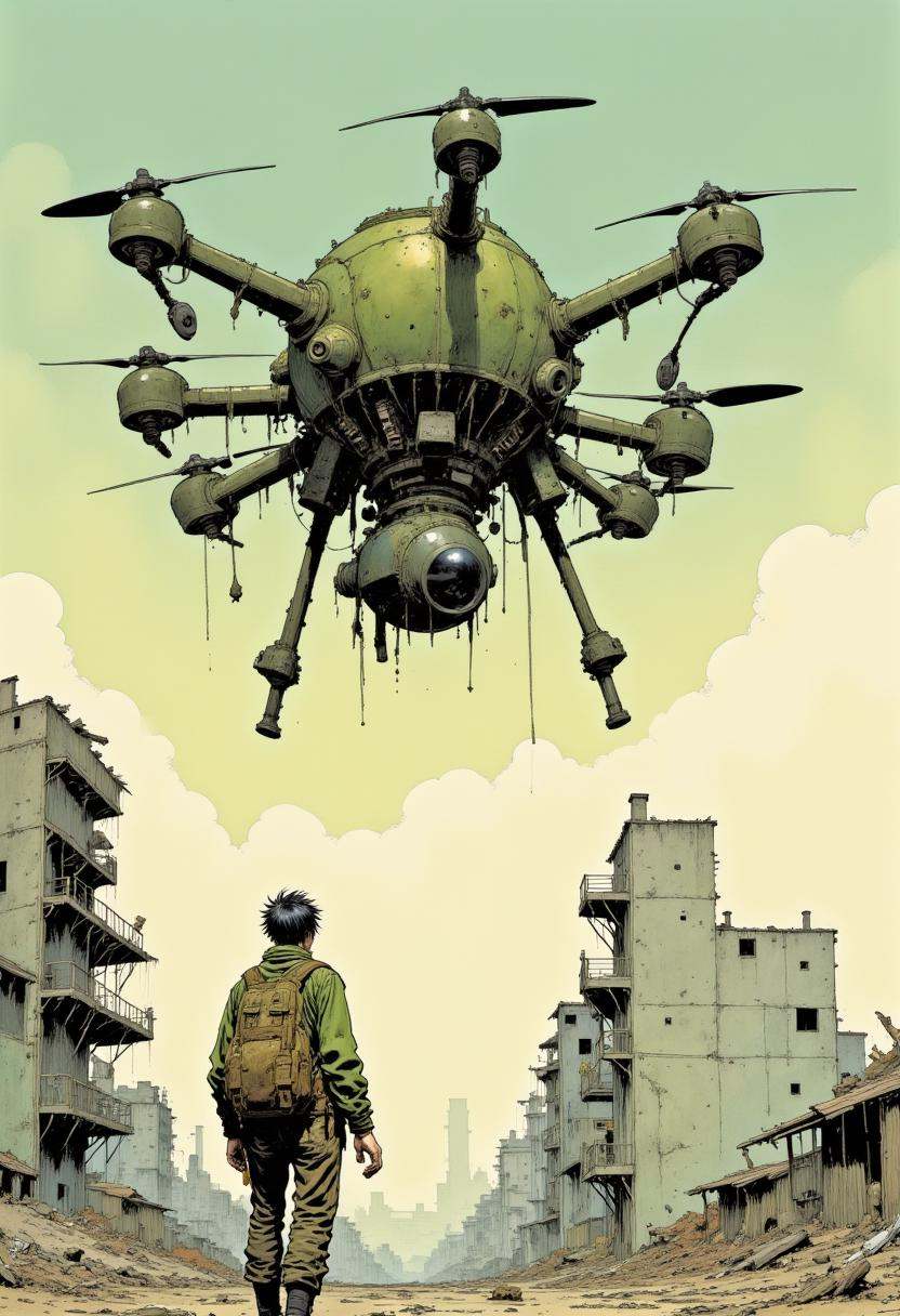 A detailed,  highly stylized digital drawing in a comic book or graphic novel style. The image features a large,  futurist...