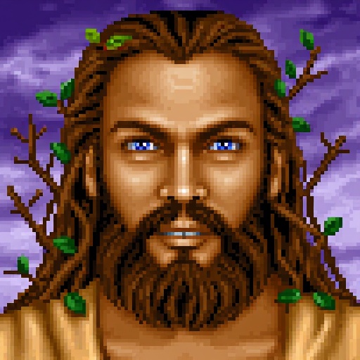 HoMM2 expansion style portrait of a male barbarian uncle with long,  flowing hair intertwined with branches and green leav...