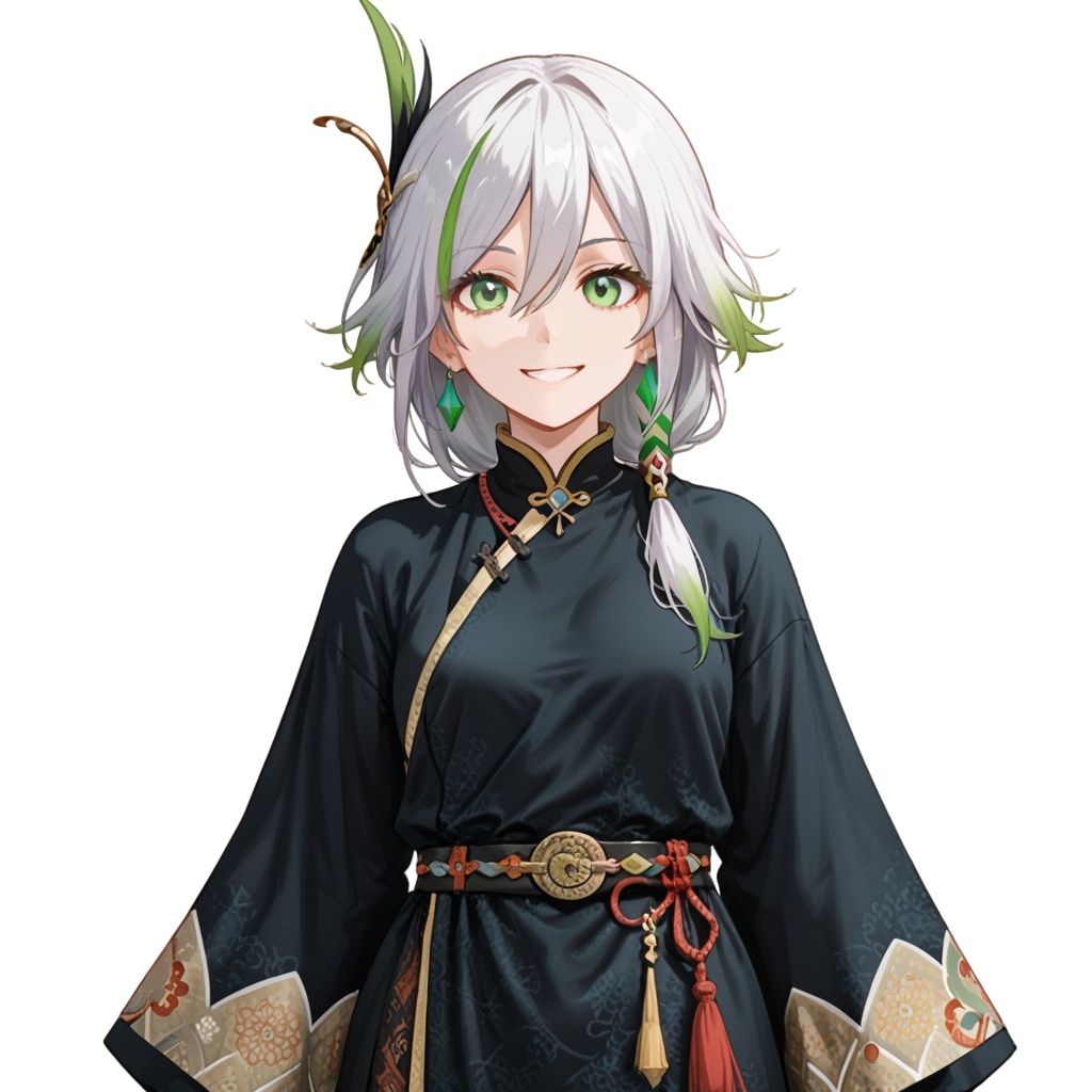 (white background:1.2),looking at viewer,(SOLO:1.4),outline,simple background,upper body, cowboy shot,looking at viewer,(((arms at side))),  hua_weixun,hua_404,fu_hua,long hair,bangs,hair ornament,green eyes,hair between eyes,white hair,multicolored hair,streaked hair,smile,small breasts,green hair,low-tied long hair,jewelry,long sleeves,black footwear,boots,chinese clothes,pants,earrings,bangs,wide sleeves,hanfu,robe,dress,smile,belt,feathers,eyebrows visible through hair,two-tone hair,necklace,bracelet,tassel,long sleeves,black footwear,<lora:huweixun-pony:0.8>