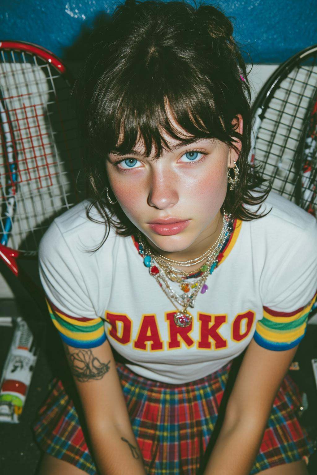 midjourneyanalog9 photograph.Shot from above,  close-up of a Slavic teenager with short,  dark wavy hair and blue eyes is...