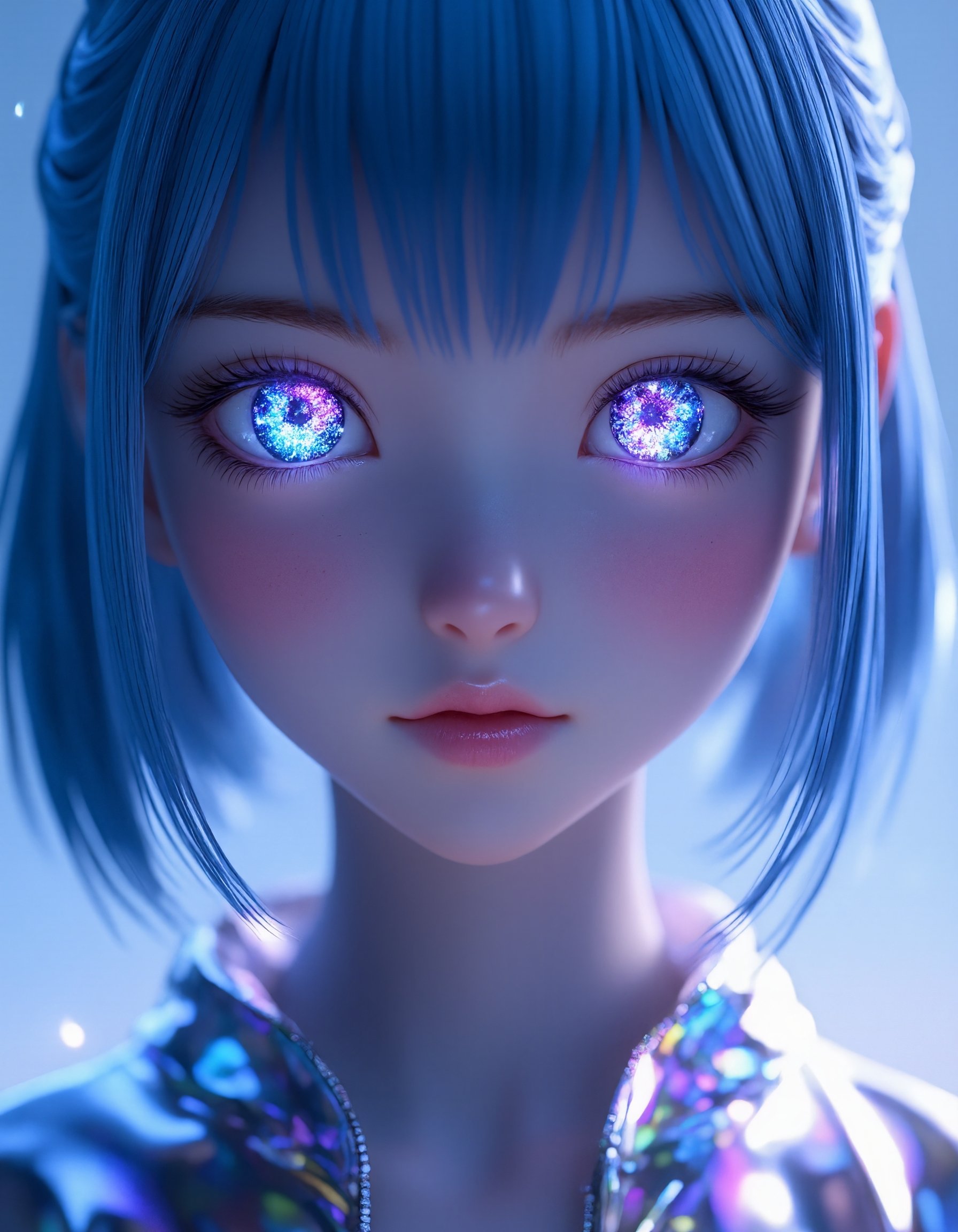 "A stunning 3D anime-style girl with ethereal features,  her eyes featuring irises crafted entirely from intricate,  lumin...