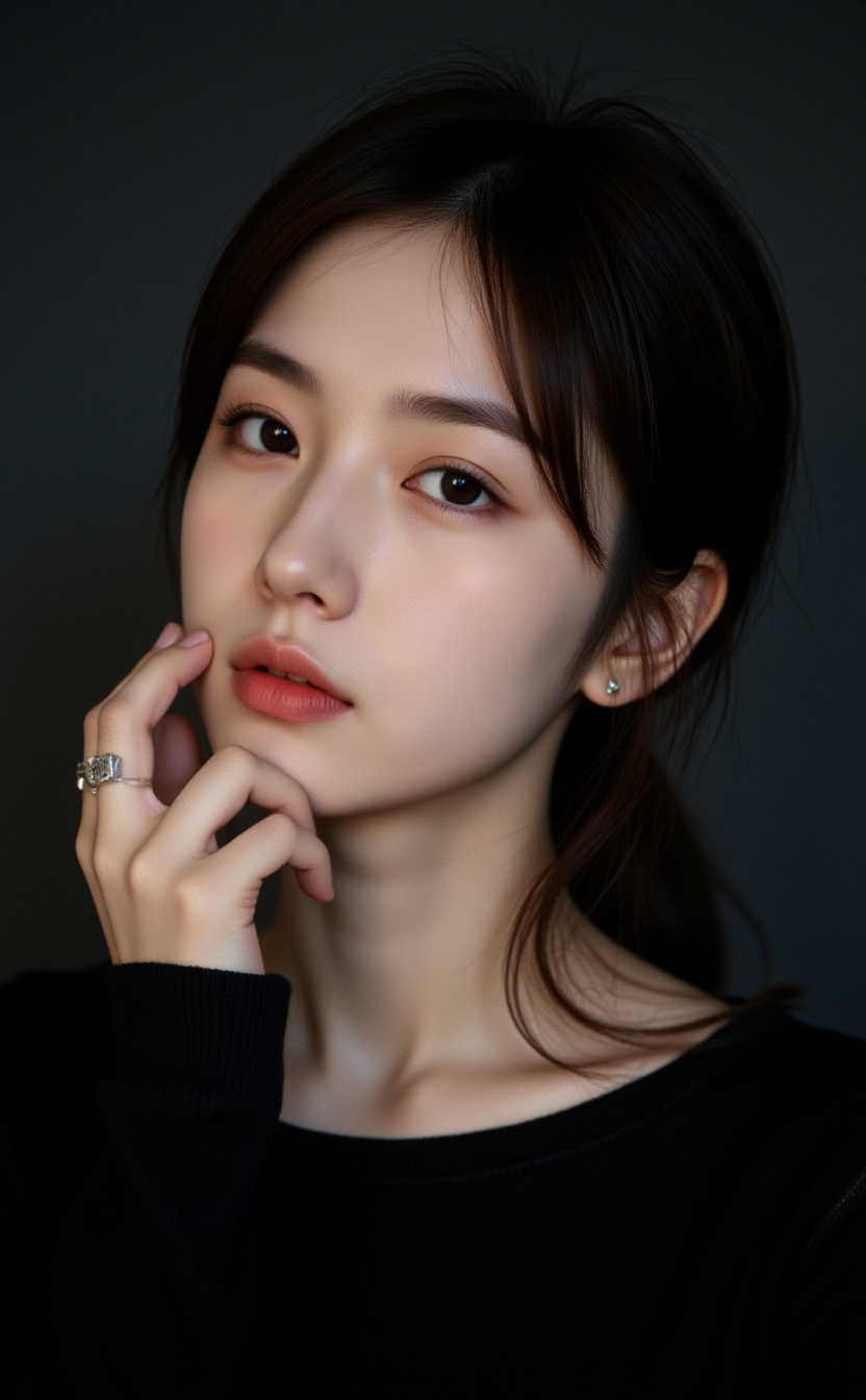 A photograph of a young woman with fair skin and long,  straight dark hair,  styled in a simple on Tensor.Art