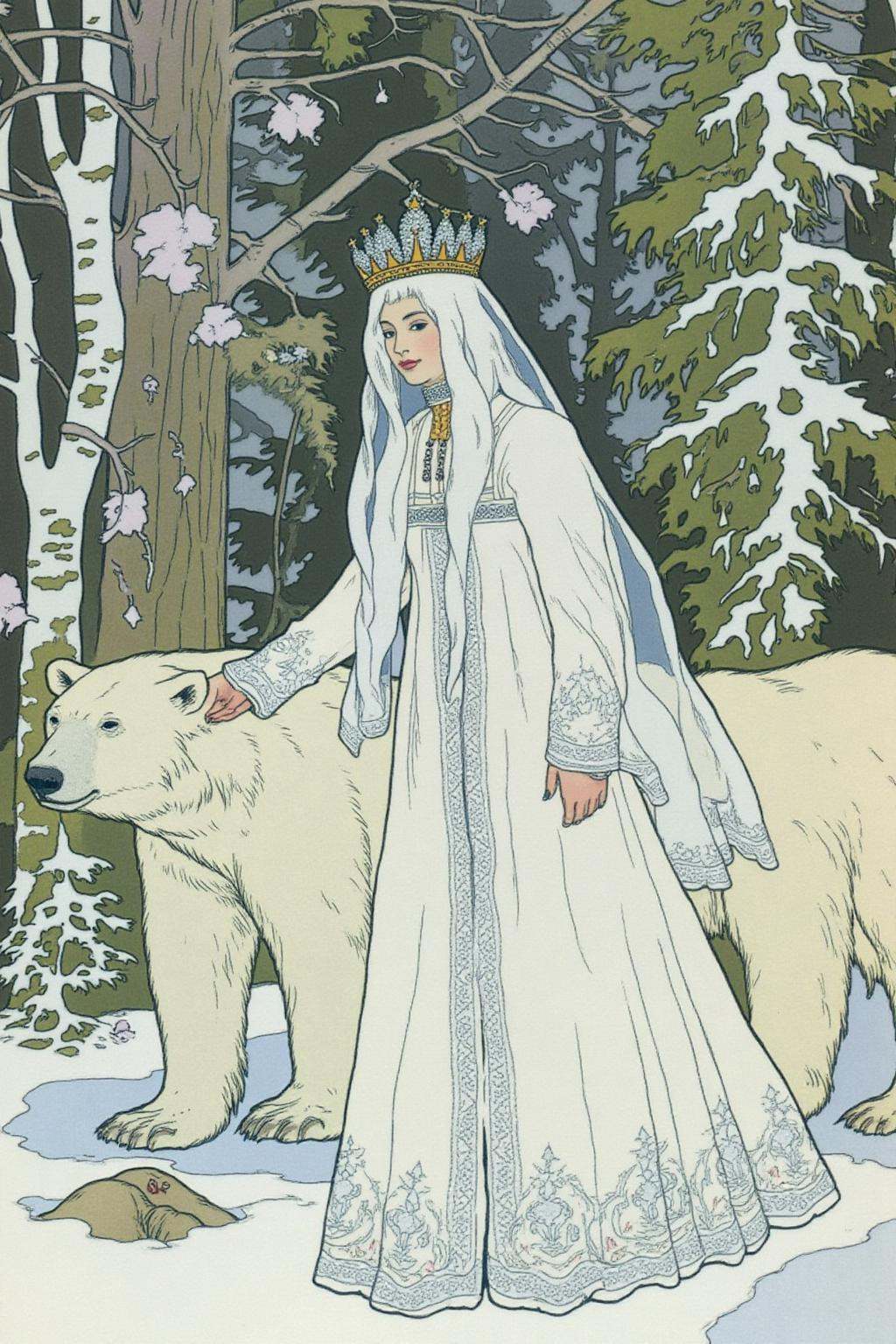 ivanbilibin1 illustration.dulac1. A Snow Queen with an ethereal appearance. She is dressed in a flowing,  long white gown...