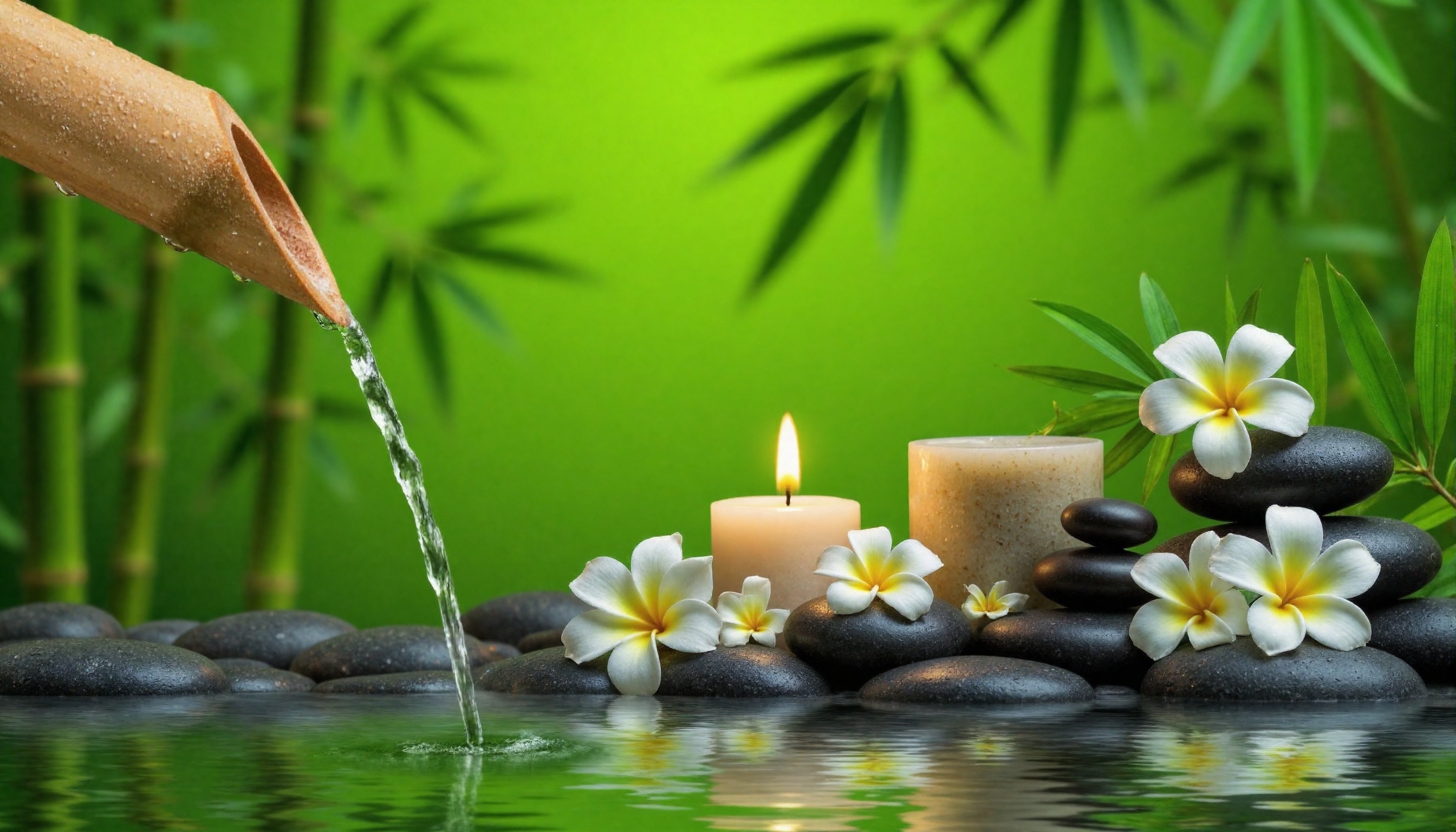 A serene and relaxing Zen-inspired scene with a bamboo water fountain gently pouring water onto a stone surface. A lit can...