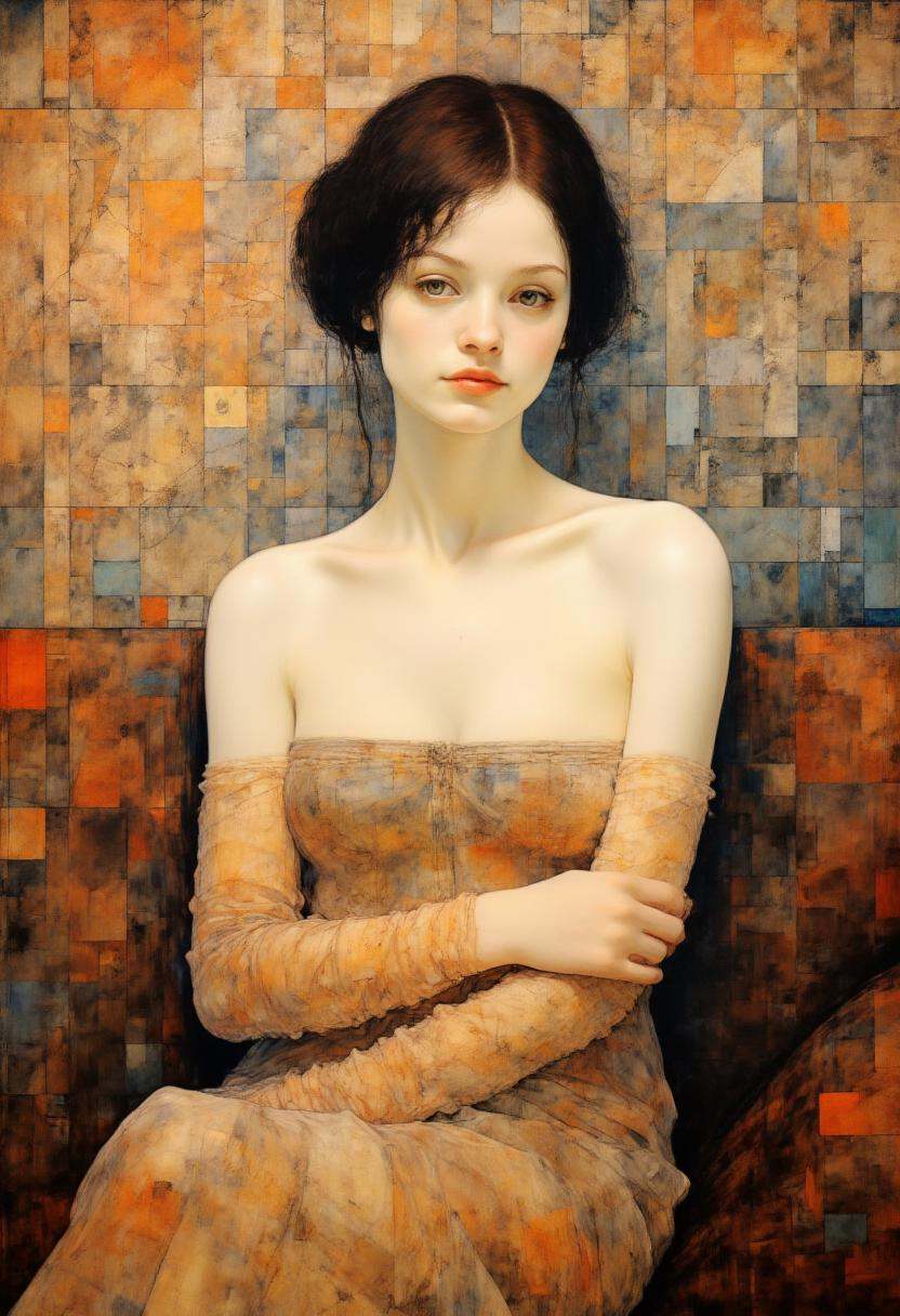 This image is an impressionistic digital painting in a modern,  abstract style,  featuring a young woman with fair skin an...