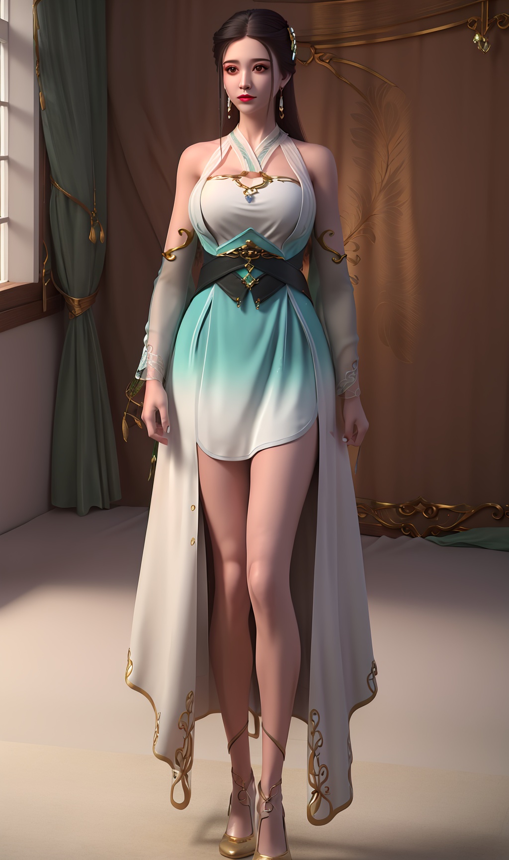 3D,masterpiece,(best quality),(makeup),official art, extremely detailed cg 8k wallpaper,((crystalstexture skin)), (extremely delicate and beautiful),(highly detailed),(face),(gold_trim),(collar),(1girl), (solo), (jewelry), (earrings),(black_hair),(long_hair),(hair_ornament),(handwear),(breasts),(standing),((full_body,whole_body)),(bare_shoulders),(closed_mouth),(off-shoulder_dress),(short_skirt),(multicolored_clothes),(multicolored_dress),(shiny_clothes),(city,indoor,bed),(long_legs),,((looking_at_viewer)),((Facing the camera)),(high_heel:0.787), (white-green_high_heel:0.787), , <lora:hipoly3DModelLora_v10:0.3>