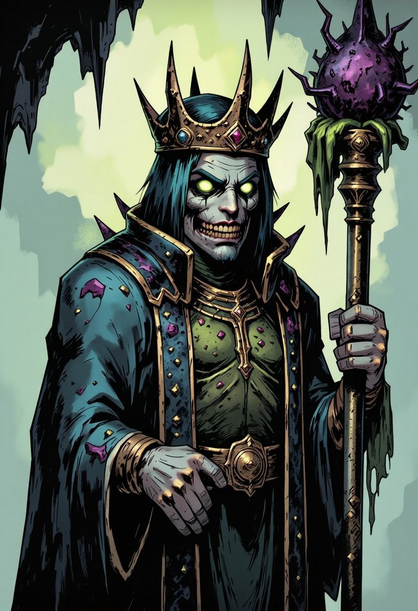inked comic illustration in TTCSV1.0 artstyle that features A once-powerful monarch whose kingdom fell to a plague of dark...