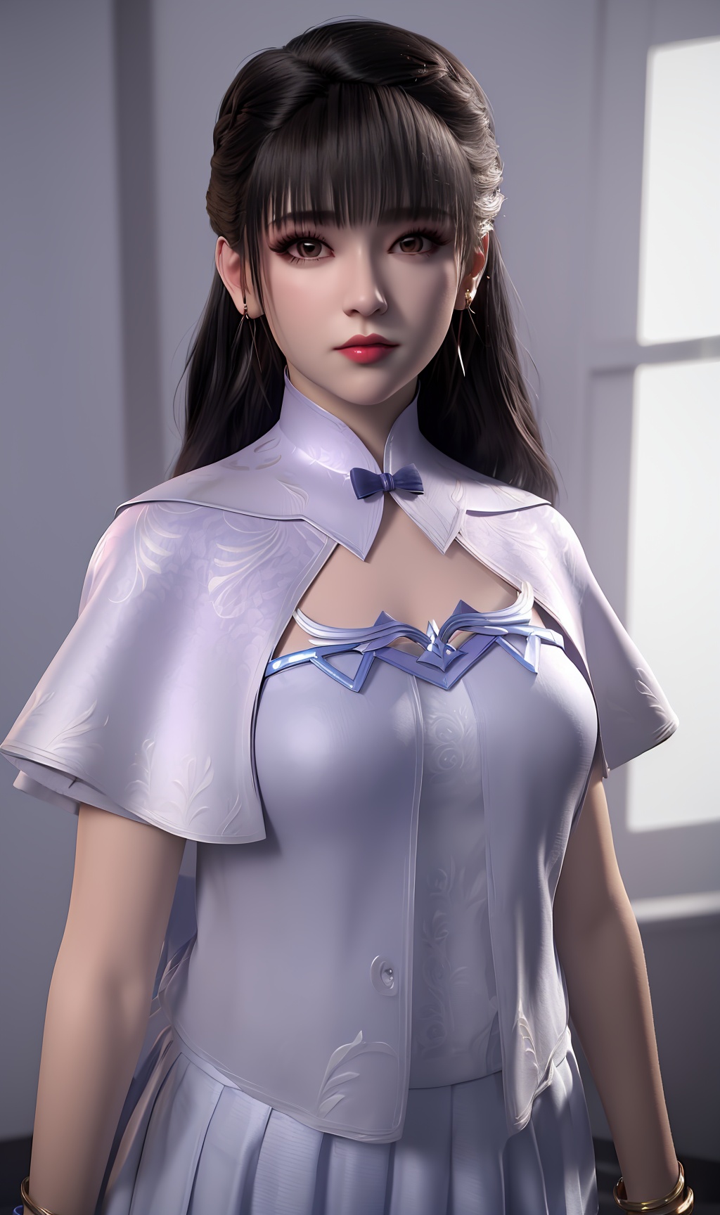 3D,masterpiece,(best quality),(makeup),official art, extremely detailed cg 8k wallpaper,((crystalstexture skin)), (extremely delicate and beautiful),(highly detailed),(face),(collar),(bracelet),(1girl), (solo), (jewelry), (earrings),(black_hair),(long_hair),(hair_ornament),(handwear),(breasts),(standing),(upper_body),(closed_mouth),(dress),(shorts_skirt),(shawl),(shiny_clothes),(city,indoor),((looking_at_viewer)),((Facing the camera)),, <lora:hipoly3DModelLora_v10:0.3>