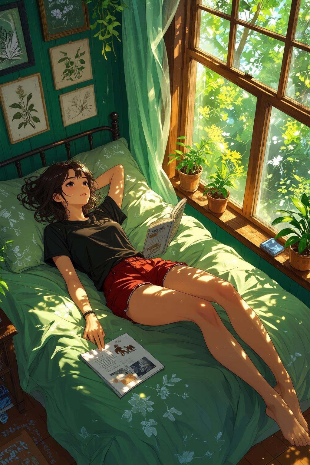 nijimix6q anime style illustration. Overhead view of a girl lying on a bed,  reading a tablet. She is dressed in a black T...