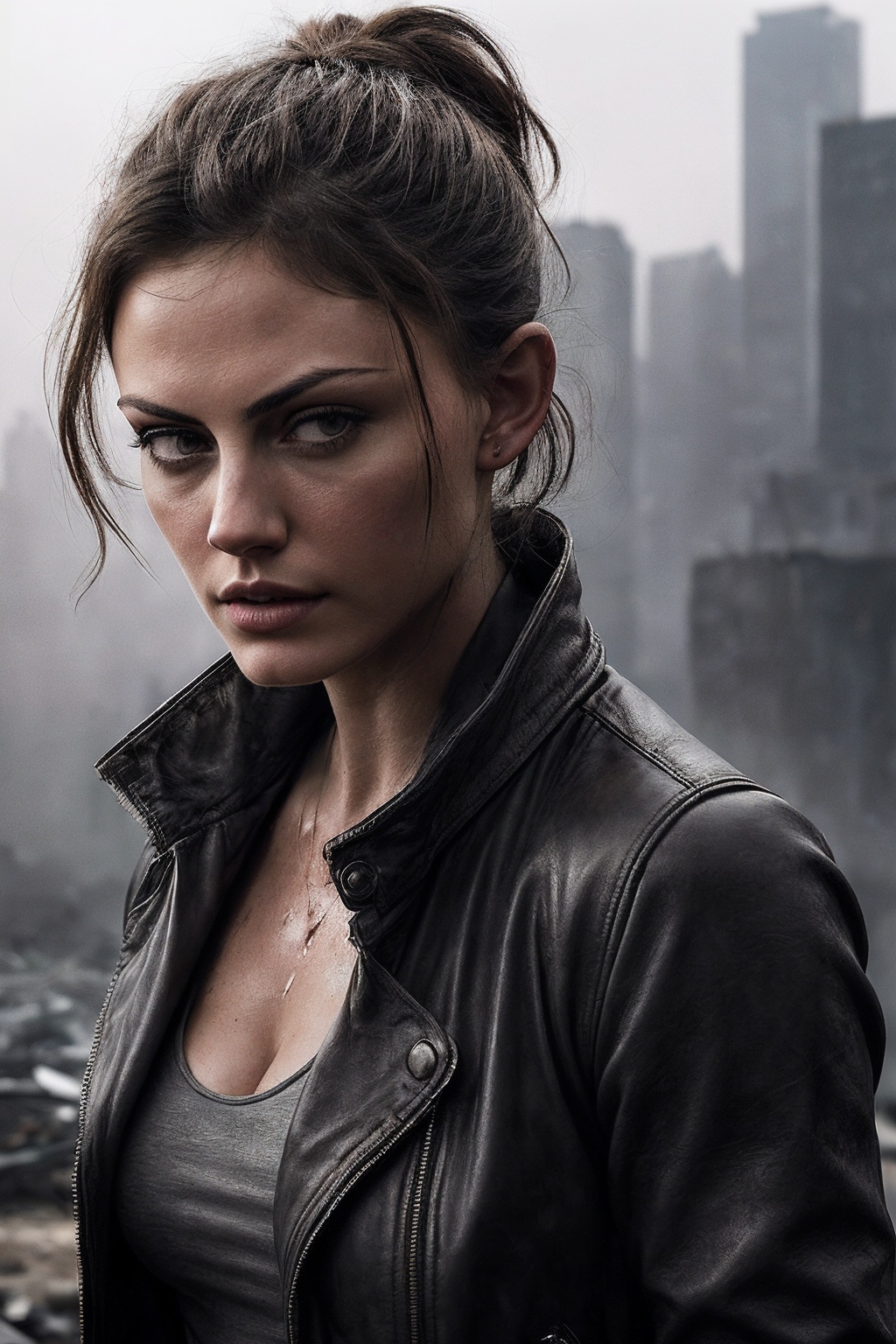 PhoebeT_SoloTI_v1,  (In a rugged,  survivalist outfit featuring a worn leather jacket over a torn grey **** top on Tensor.Art
