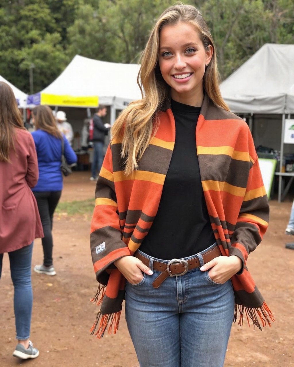 margarida_corceiro standing outdoors at a lively event,  possibly a fair or festival. She has long,  wavy blonde hair casc...