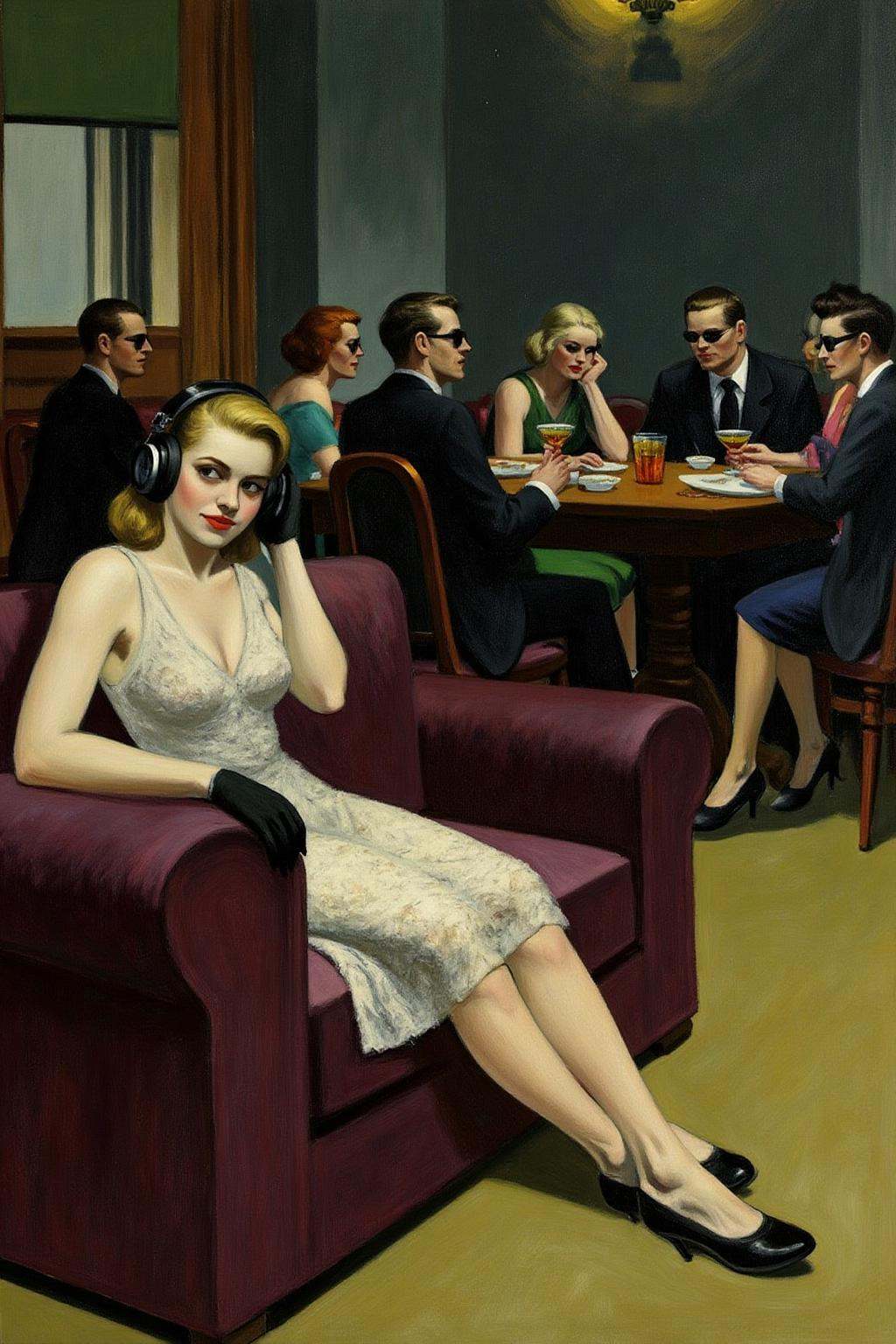 edwardhopper1 painting. A stylish young woman in a lace dress,  wearing oversized headphones,  lounges on a plush velvet c...