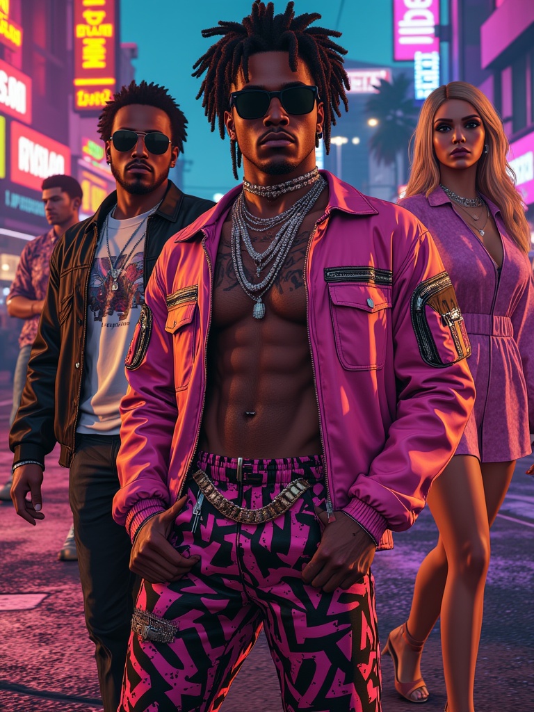 Vibrant GTA 5-inspired urban scene,  bustling streets,  neon lights on Tensor.Art