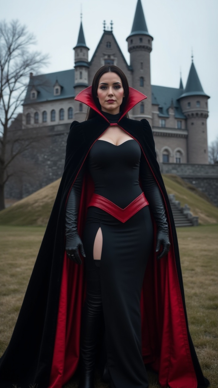 A 30-year-old woman dressed as a vampire queen,  with long black leather gloves and a crimson cape,  standing in front of...