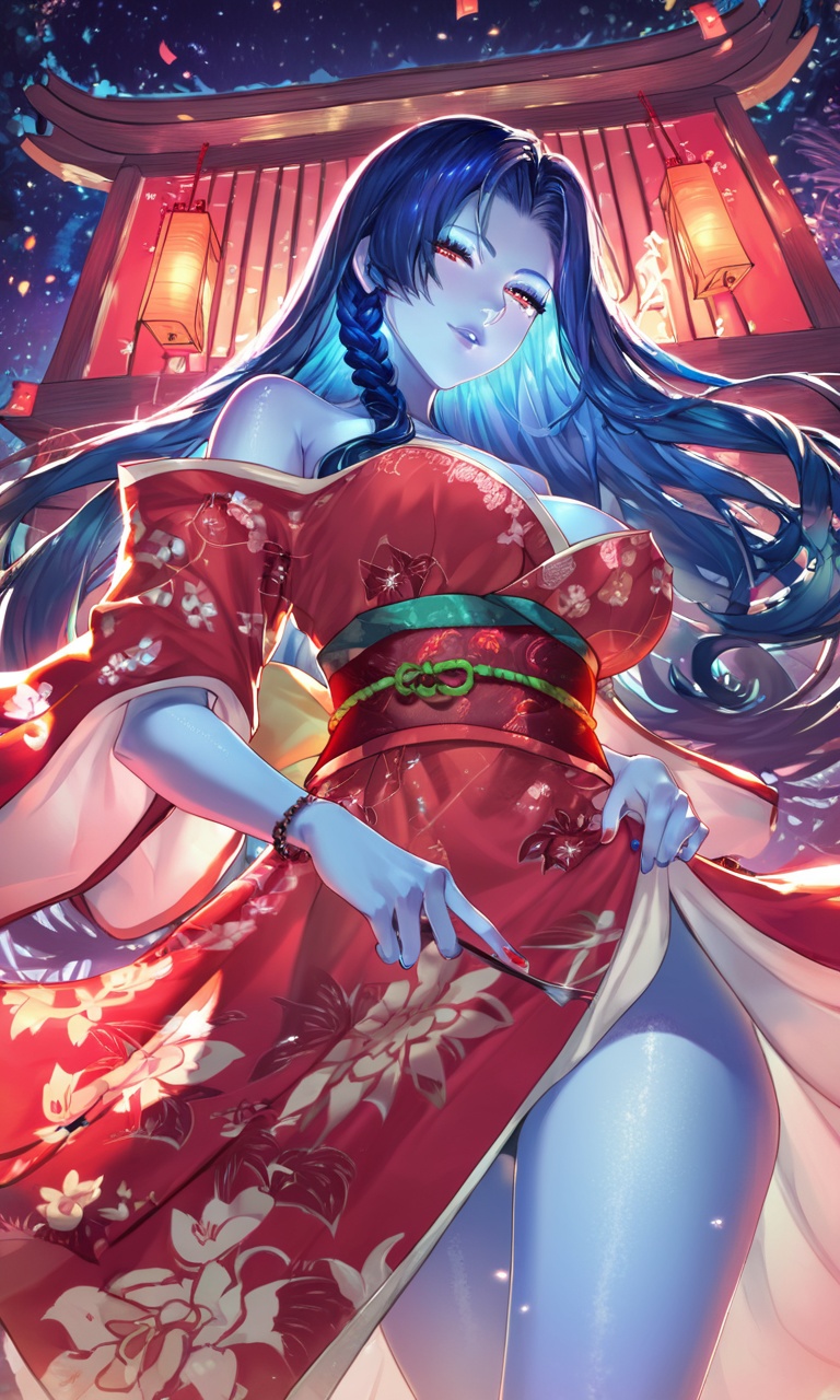 score_9,score_8_up,score_7_up,score_6_up,1girl, solo, long hair, breasts, looking at viewer, large breasts, dress, blue hair, standing, braid, thighs, japanese clothes, kimono, nail polish, lips, sash, night, colored skin, looking down, short dress, floral print, from below, red dress, red nails, blue skin, paper lantern,<lora:Pony-ColorBox-Zycc:1>