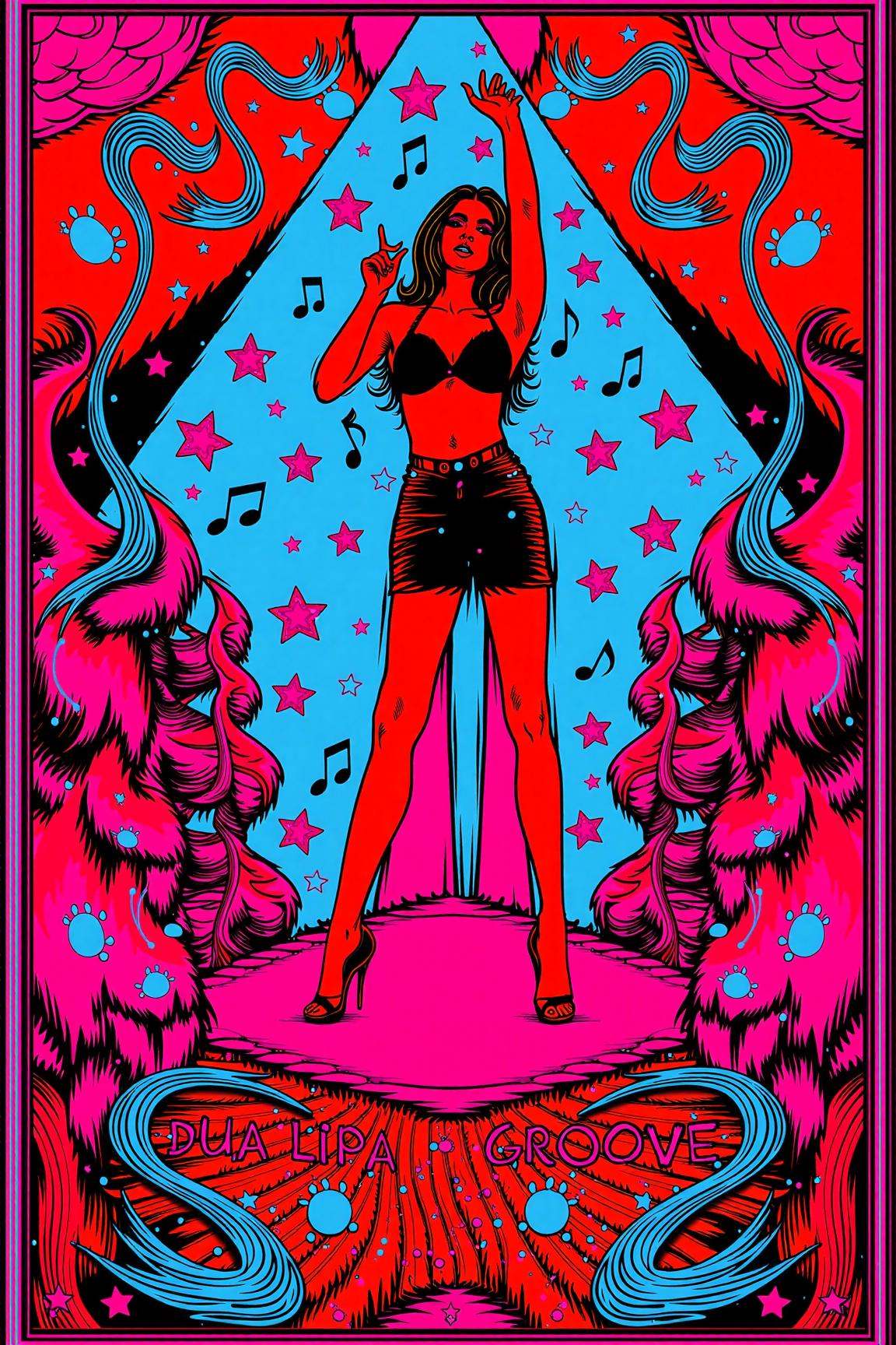 psypop,  70s psychedelic style poster of a "Dua Lipa Groove" psychedelic 1970s pop art poster,  vibrant Dua Lipa performin...