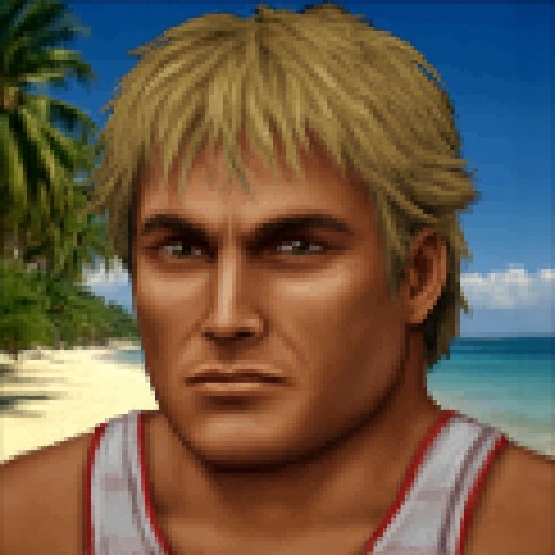 JA2 style portrait of a male character with a messy blond hair. He has a rugged,  ruggedly handsome face with a prominent...