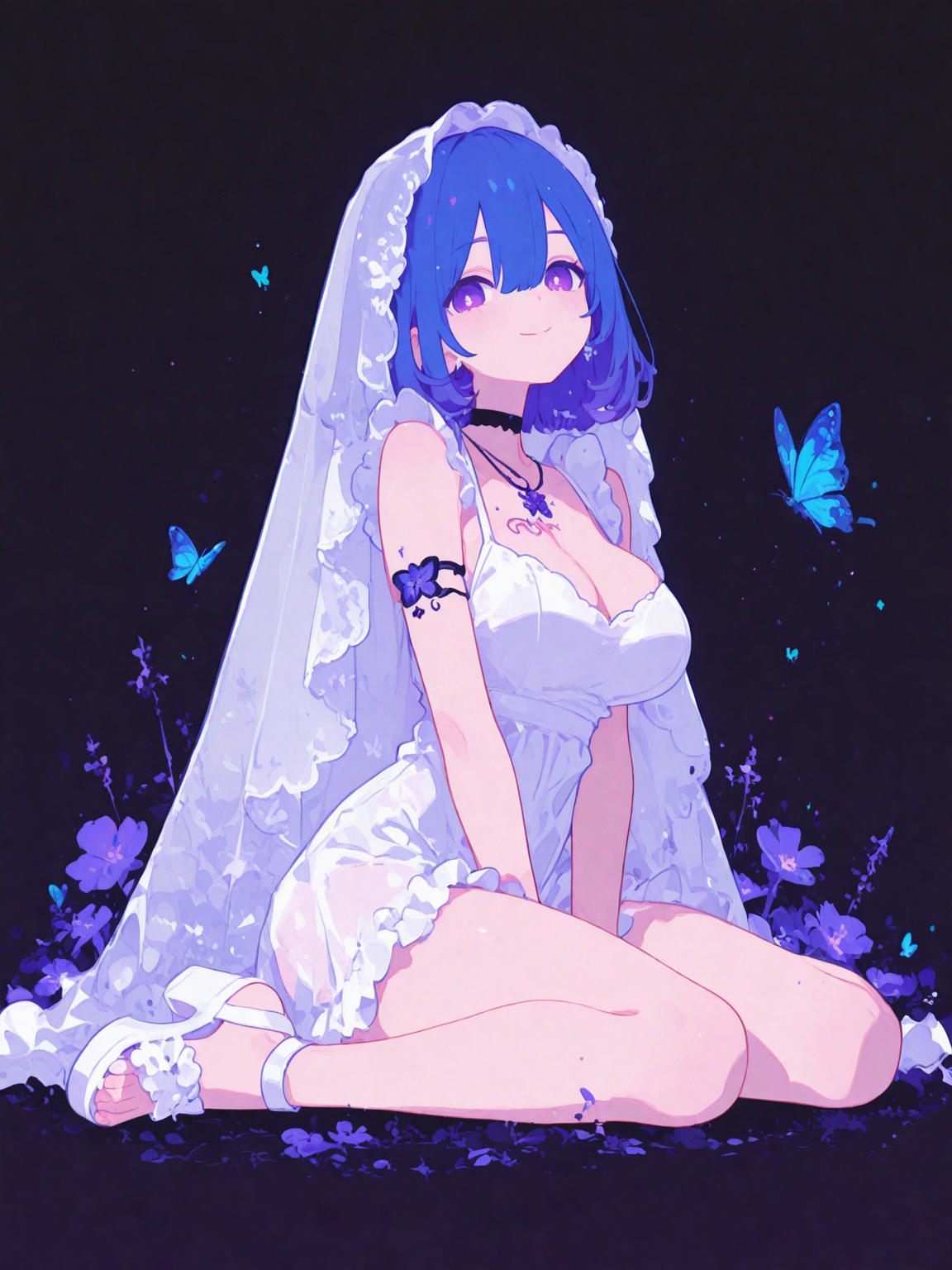 1girl, solo, breasts, looking_at_viewer, smile, short_hair, bangs, large_breasts, dress, cleavage, hair_between_eyes, bare_shoulders, jewelry, sitting, closed_mouth, blue_hair, purple_eyes, full_body, flower, thighs, frills, sleeveless, alternate_costume, choker, necklace, white_dress, high_heels, see-through, tattoo, toes, sleeveless_dress, black_choker, wariza, sandals, white_footwear, bug, black_background, butterfly, veil, armlet, chest_tattoo, blue_butterfly