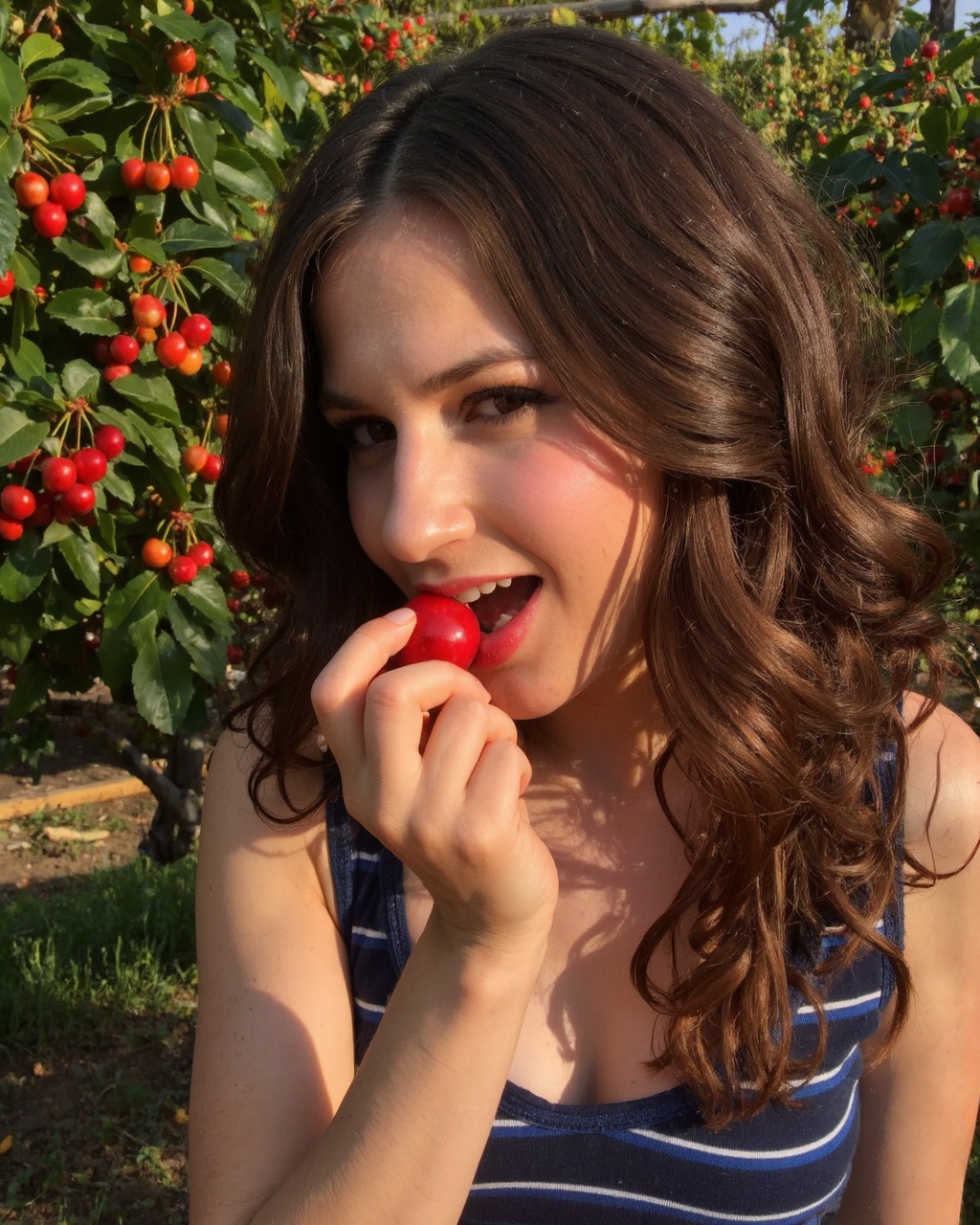 A vibrant,  sunlit portrait of erin_sanders in a cherry orchard. She is captured in a candid moment,  biting into a bright...