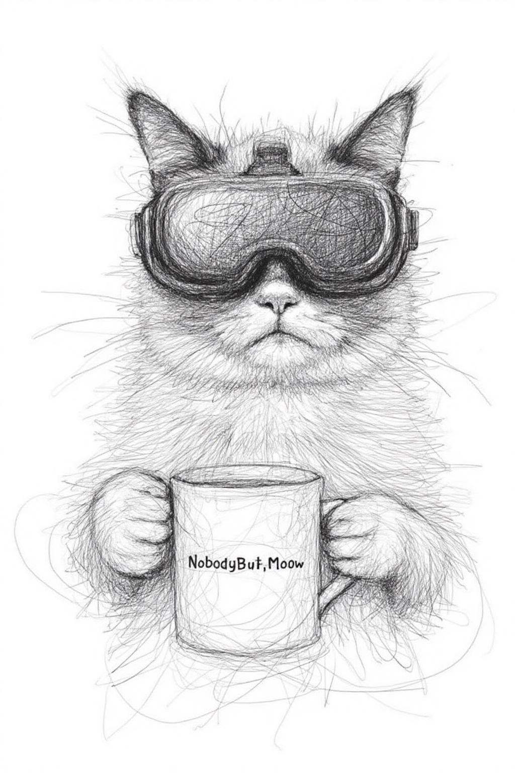 Drawing of Grumpy Cat holding a coffee mug,  wearing a VR Headset. The mug has the phrase "NobodyButMeow" printed on Tenso...