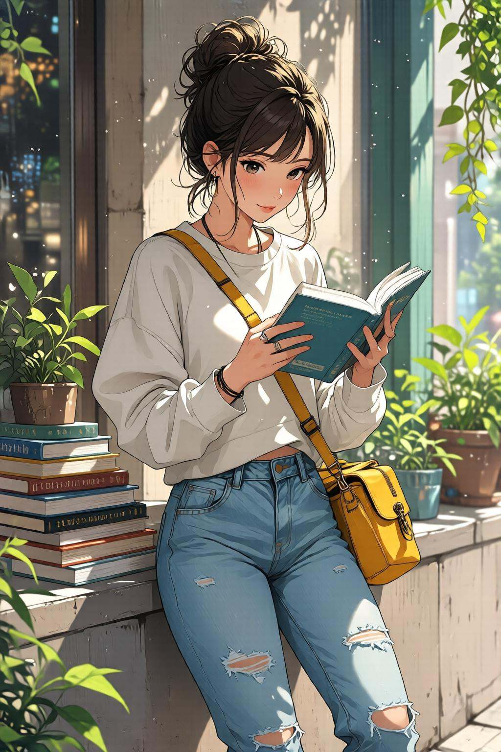 nijidigital3q anime illustration.A young woman is standing outdoors,  engaged in reading a book. She is dressed casually i...