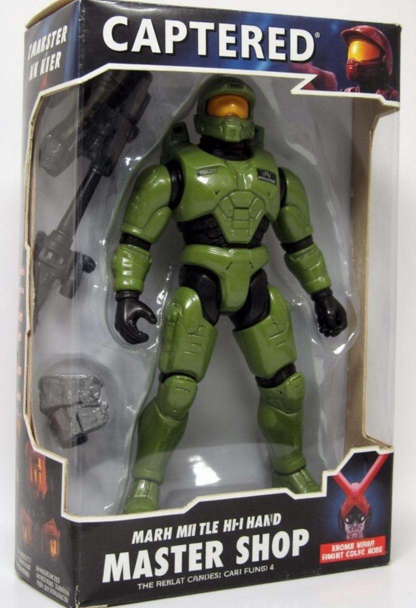 The image is a photograph of a packaged action figure of Master Chief. on Tensor.Art