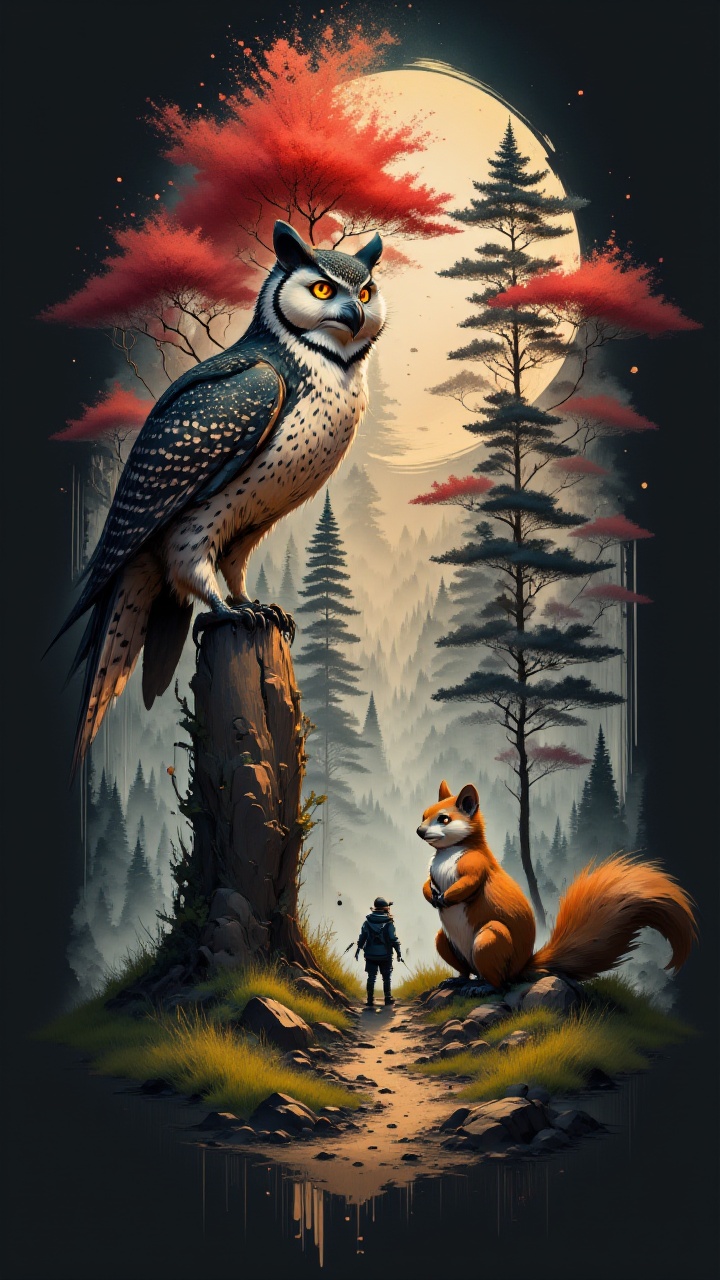 futuristic style,  A group of anthropomorphic animals,  including a wise old owl and a determined squirrel on Tensor.Art