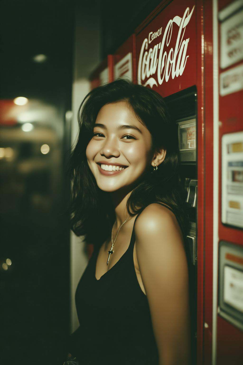 midjourneyanalog9 photograph.A young Thai woman leans against a red Coca-Cola vending machine. She is wearing a black slee...