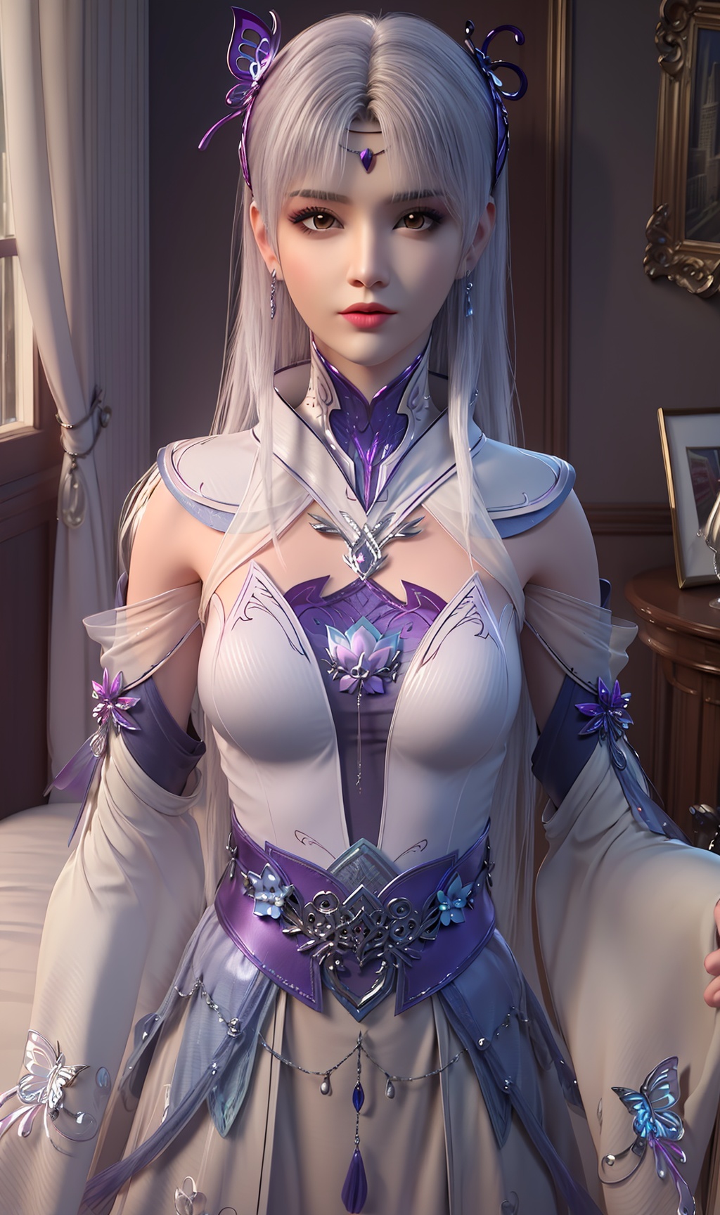 3D,masterpiece,(best quality),(makeup),official art, extremely detailed cg 8k wallpaper,((crystalstexture skin)), (extremely delicate and beautiful),(highly detailed),(face),(collar),(butterfly_hair_clip),(hand)(1girl), (solo), (jewelry), (earrings),(white_hair),(long_hair),(hair_ornament),(handwear),(breasts),(standing),((upper_body)),(dress),(shiny_clothes),(city,indoor,bed),(belt),(multicolored_clothes),(multicolored_dress),,((looking_at_viewer)),((Facing the camera)),, <lora:hipoly3DModelLora_v10:0.3>