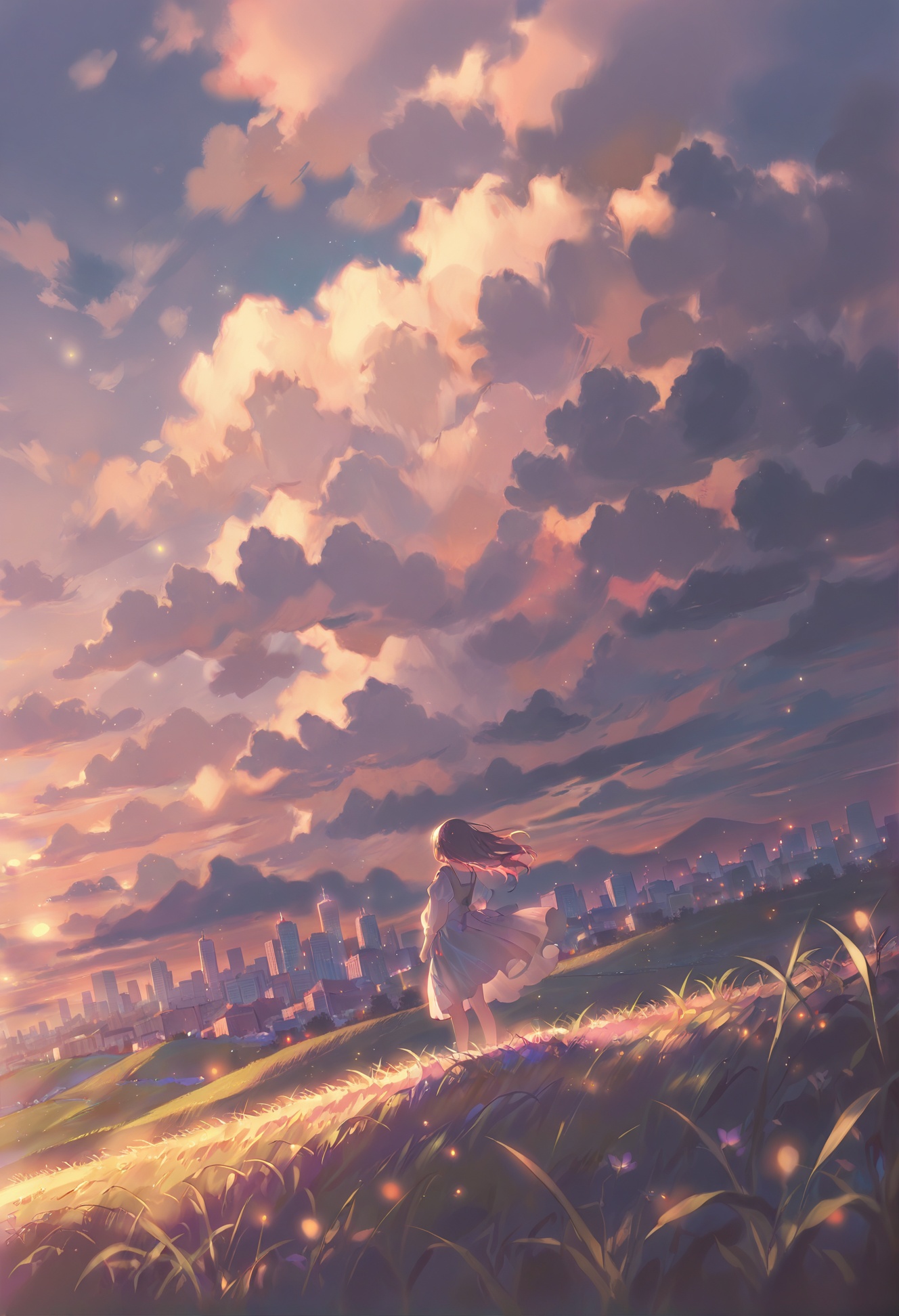 scenery, 1girl, sky, solo, outdoors, cloud, fantasy, dress, standing, light particles, sunset, colorful, grass, city, cloudy sky, cityscape, field , best quality,amazing quality,very aesthetic,absurdres,masterpiece,