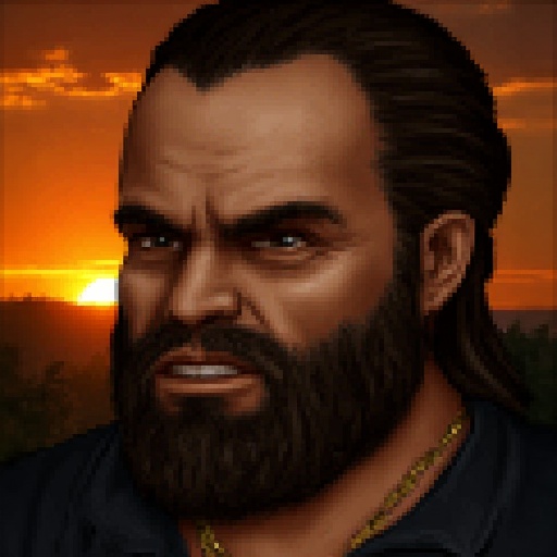 JA2 style portrait of a man's face. The subject is a rugged,  middle-aged man with a strong,  bearded face and a stern exp...