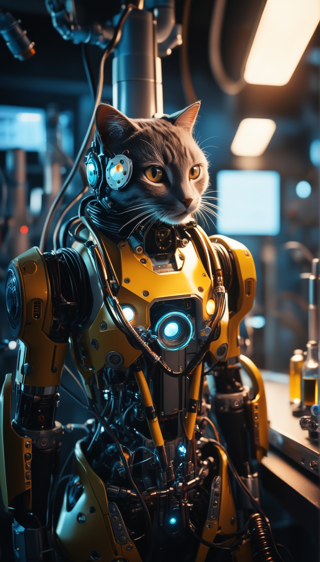 portrait photo of a little cat cyborg half-robot in a chemical laboratory,  volumetric lighting,  professional photo on Te...