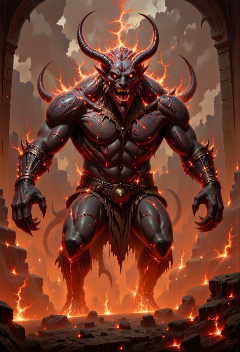 DFOP-V3.0 style dark fantasy oil painting that features demonic warlord emerges from a realm of fire and chaos,  dominatin...