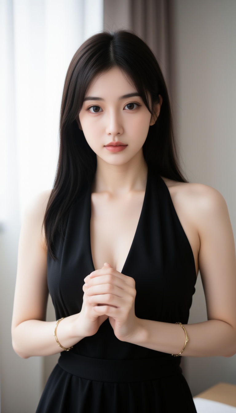 A high-quality photograph of a young woman with long,  straight black hair and fair skin. She has a slender physique and i...
