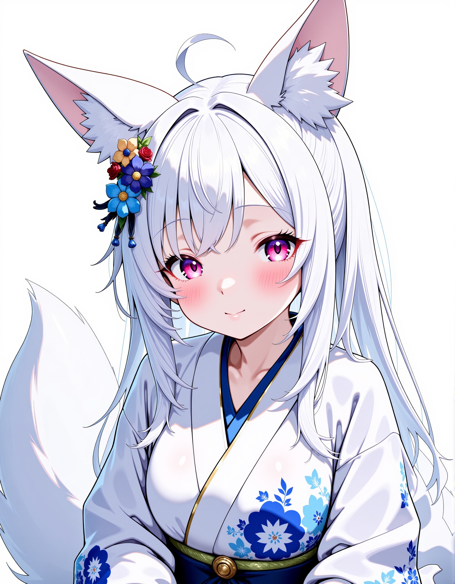 anime girl with white long hair is looking directly at the viewer with a gentle expression.she has fox ears and fox tail,...