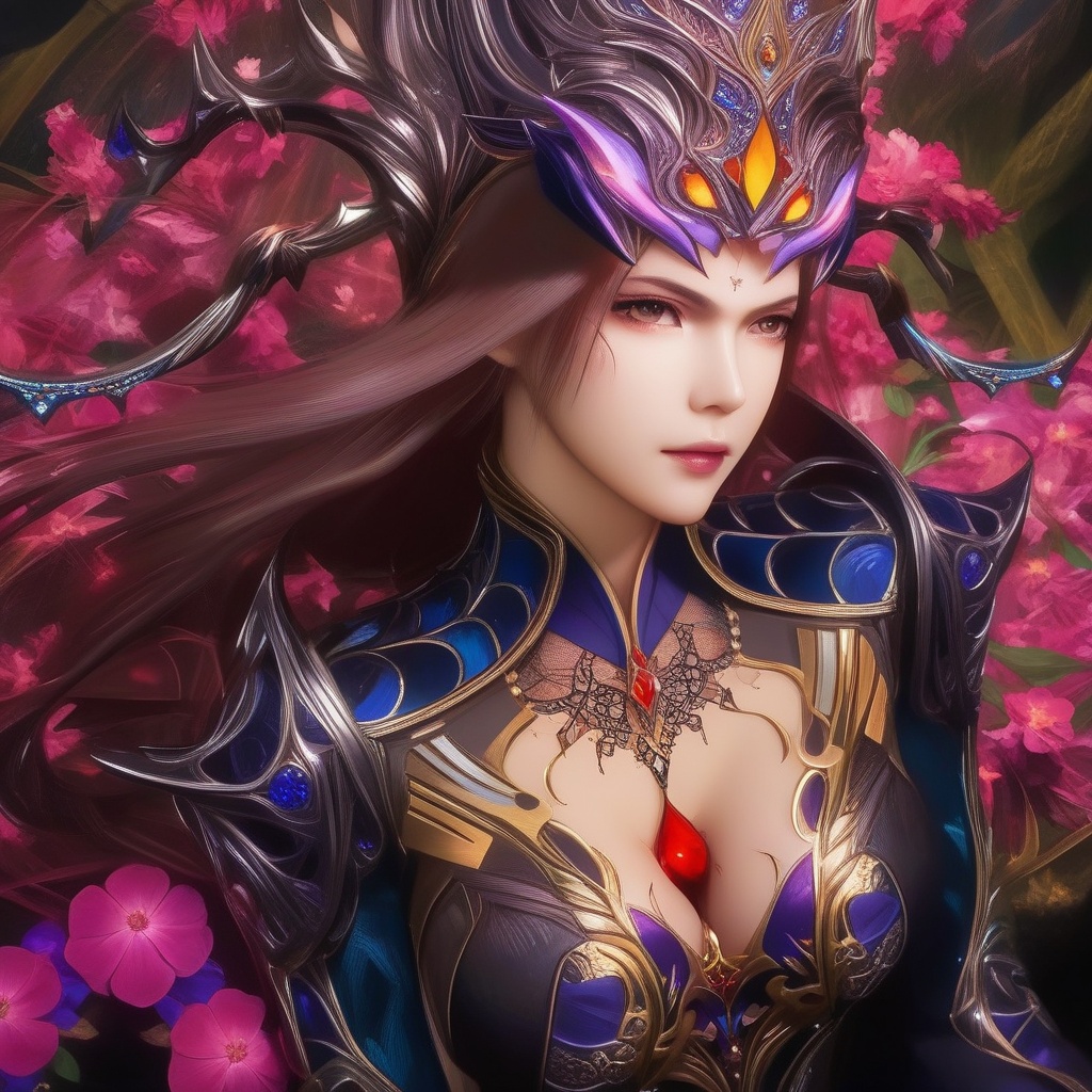 <lora:833-DA-XL-斗罗大陆-比比东-罗刹神:0.8>, (,1girl, ,best quality, ),,,anime,(masterpiece, top quality, best quality, official art, beautiful and aesthetic:1.2), (1girl)	, , (cleavage),, extreme detailed,(fractal art:1.3),colorful, flowers ,highest detailed,(by Jeremy Lipking)    (cleavage),,  (), (sit),