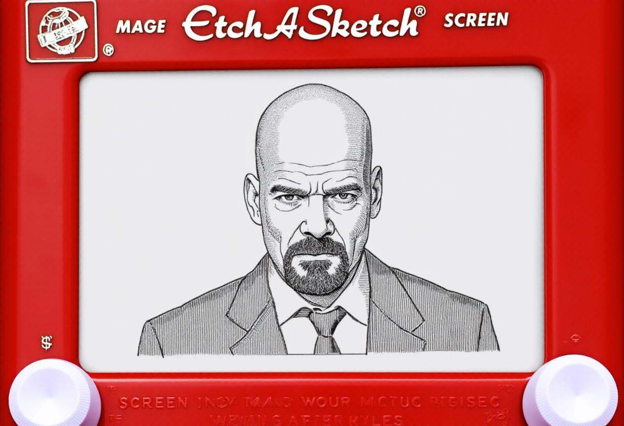 This image is a photograph of a drawing created using the Etch A Sketch toy. The detailed monochromatic drawing depicts Wa...