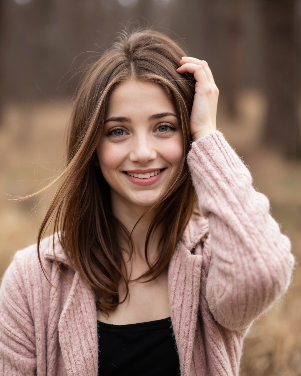 emily_rudd with light skin and long,  straight brown hair,  which she is gently tousling with her left hand on Tensor.Art